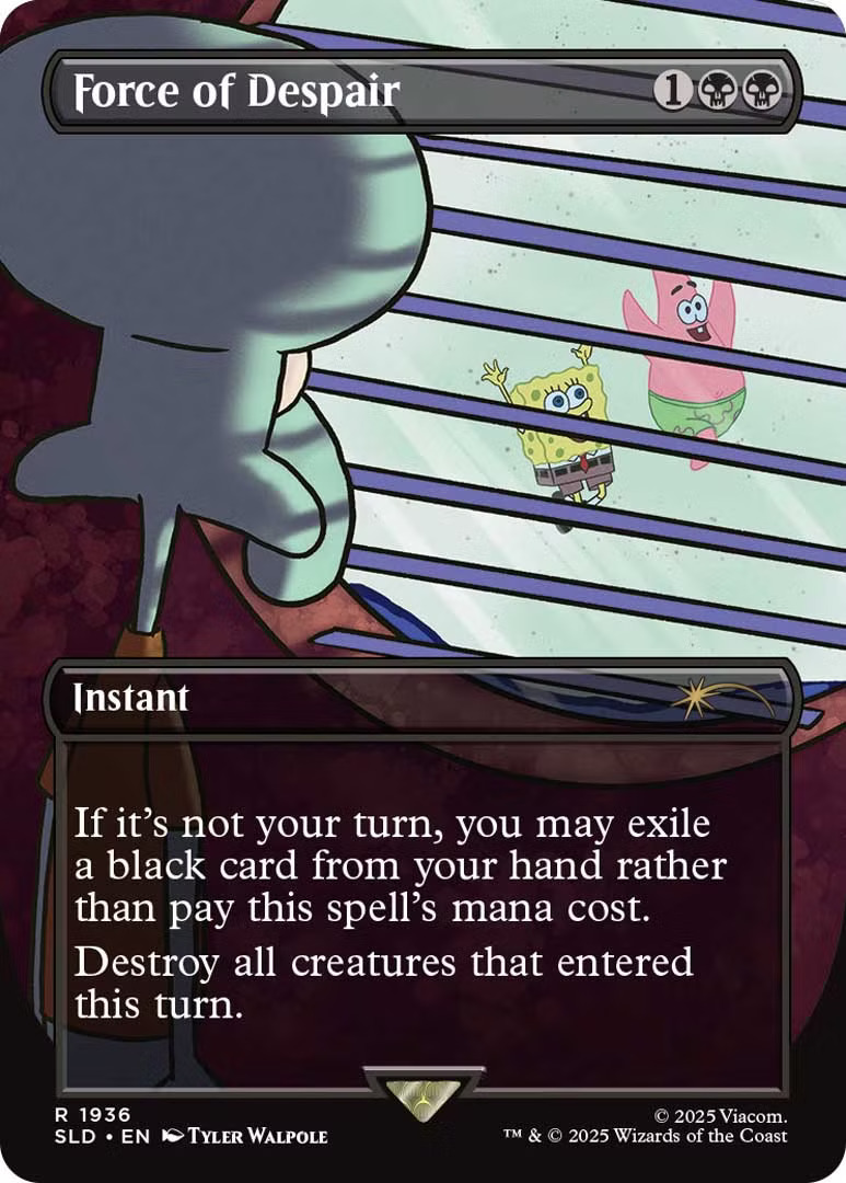 Force of Despair, a card from the Secret Lair x SpongeBob Squarepants drop. Illustrated by Tyler Walpole.