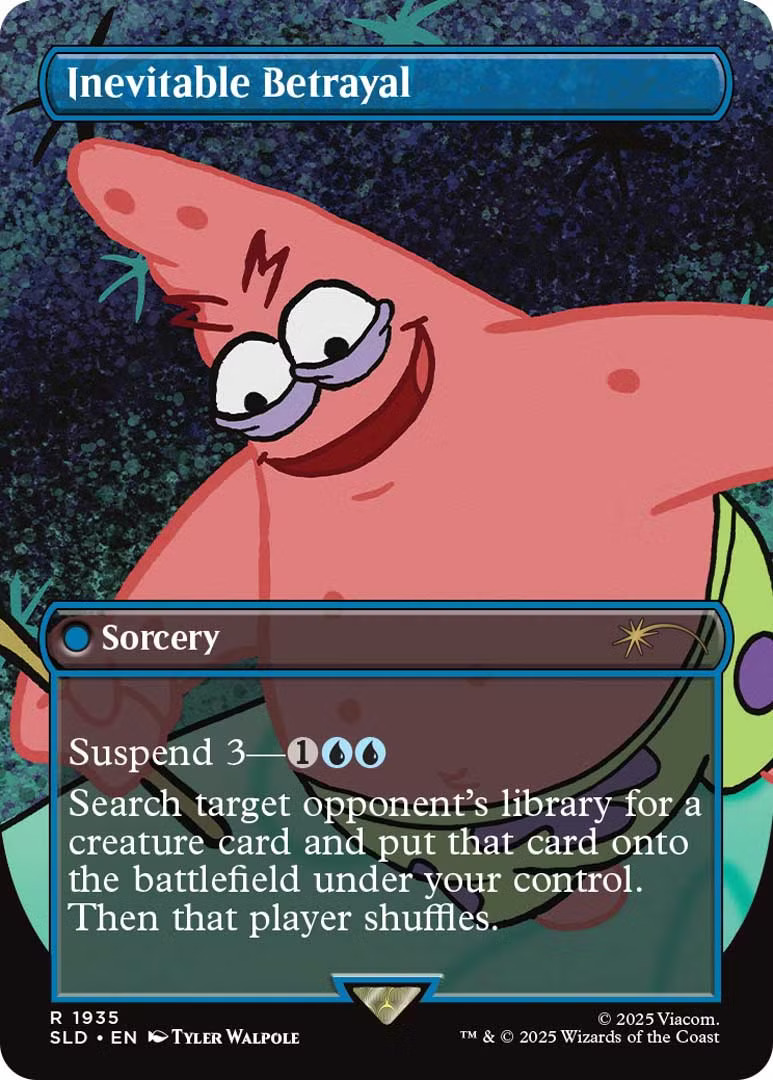 Inevitable Betrayal, a card from the Secret Lair x SpongeBob Squarepants drop. Illustrated by Tyler Walpole.