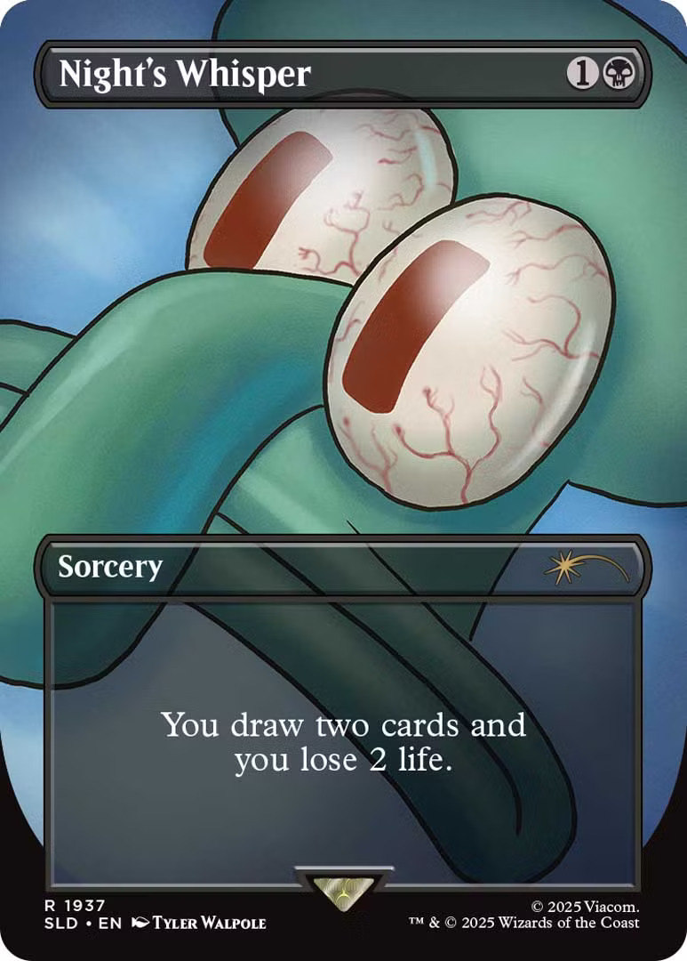 Night's Whisper, a card from the Secret Lair x SpongeBob Squarepants drop. Illustrated by Tyler Walpole.