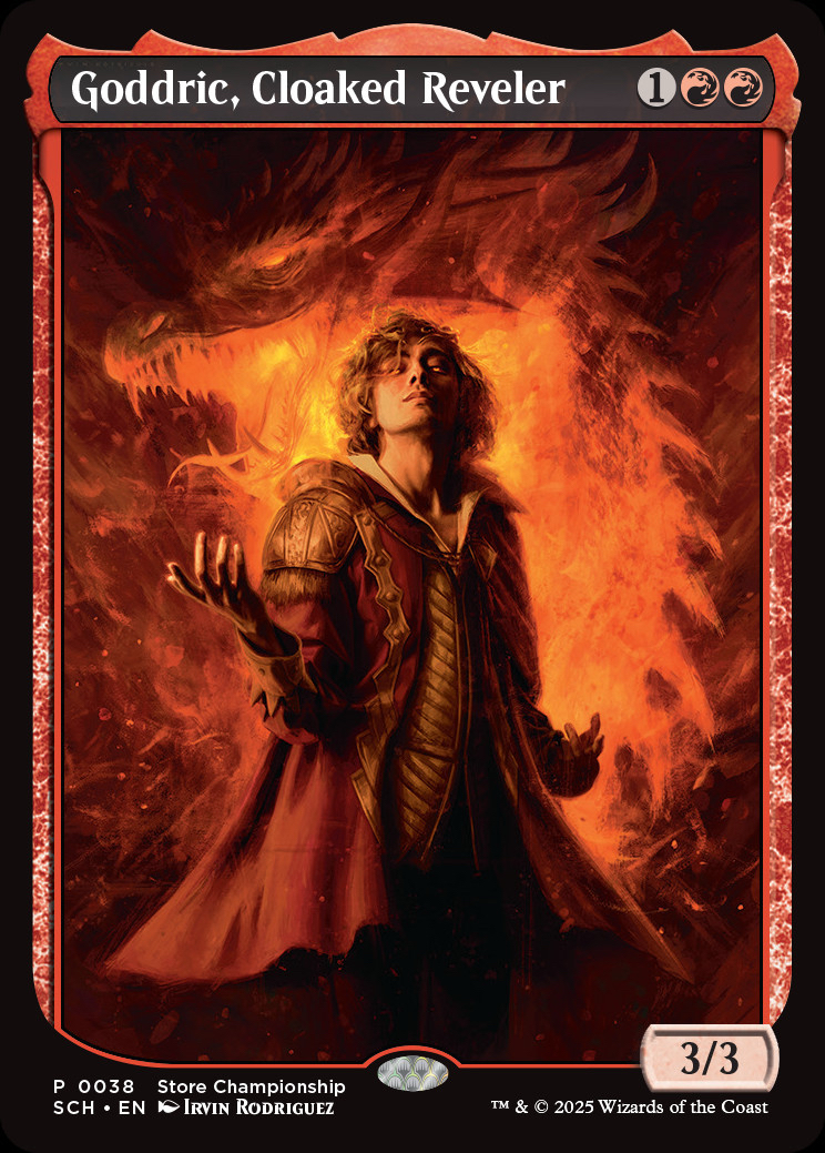 Goddric, Cloaked Reveler, the Tarkir: Dragonstorm Store Championship promo, reserved only for the Winner of the event at participating WPN stores. Image Credit: Wizards of the Coast